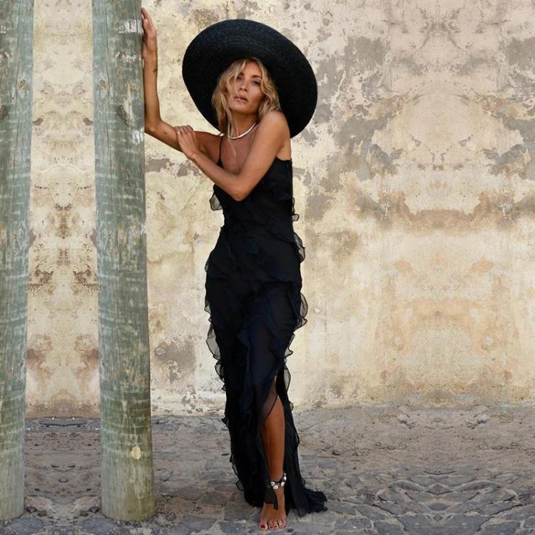 Backless Elegant Maxi Dress Women Sexy Ruffle Sundresses Sleeveless Spaghetti Strap Club Party