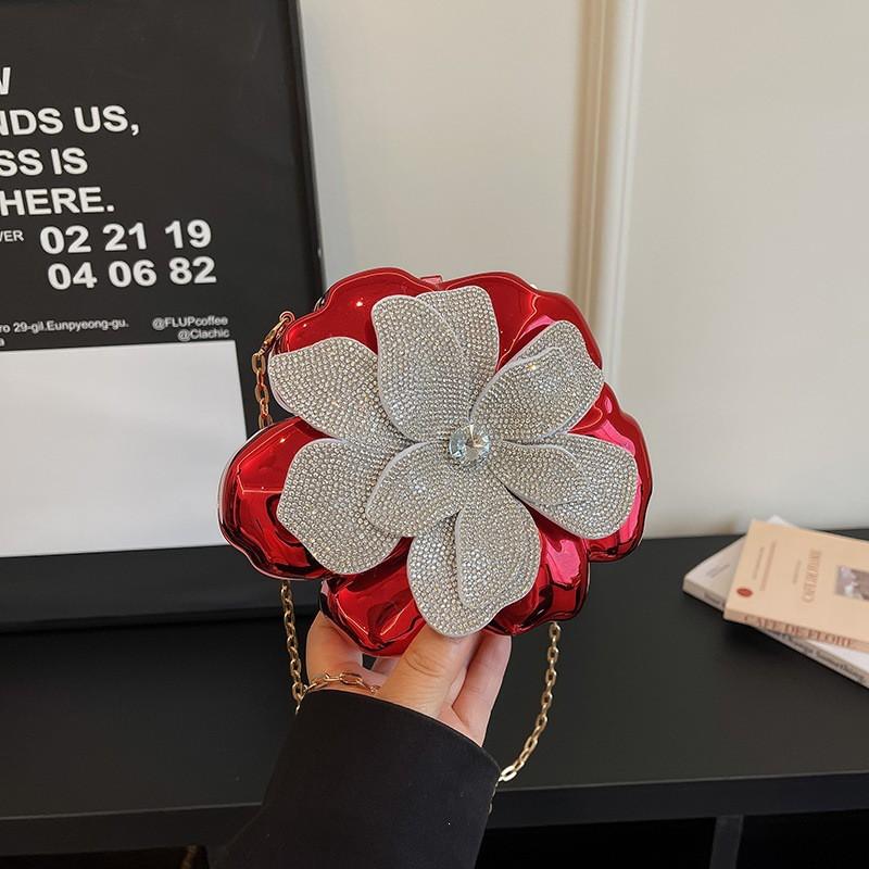 Acrylic Flower Evening Bag With Rhinestone Embellishment Metal Chain Strap Hard Shell Crossbody Purse Women