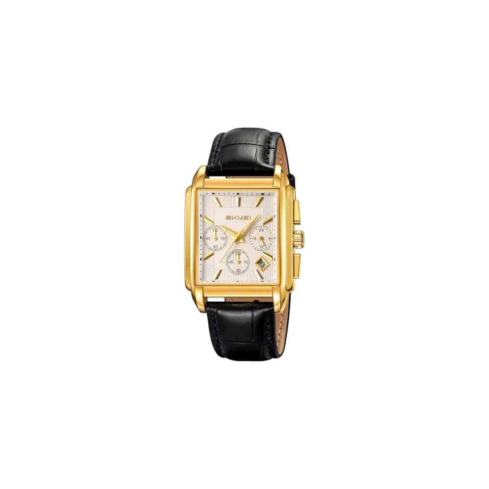 SKMEI Square Analog Watch for Men Black Leather Strap Waterproof Chronograph Business Casual Gold White
