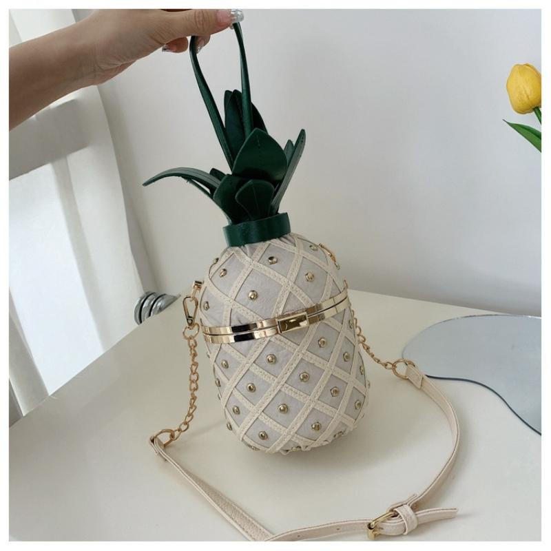 New Personalized Pineapple Shape Women's Messenger Bags Small Fresh Teenager Girl Single Shoulder Bag Foreign Flavour Woven Rivet Lock Chain Round Bag