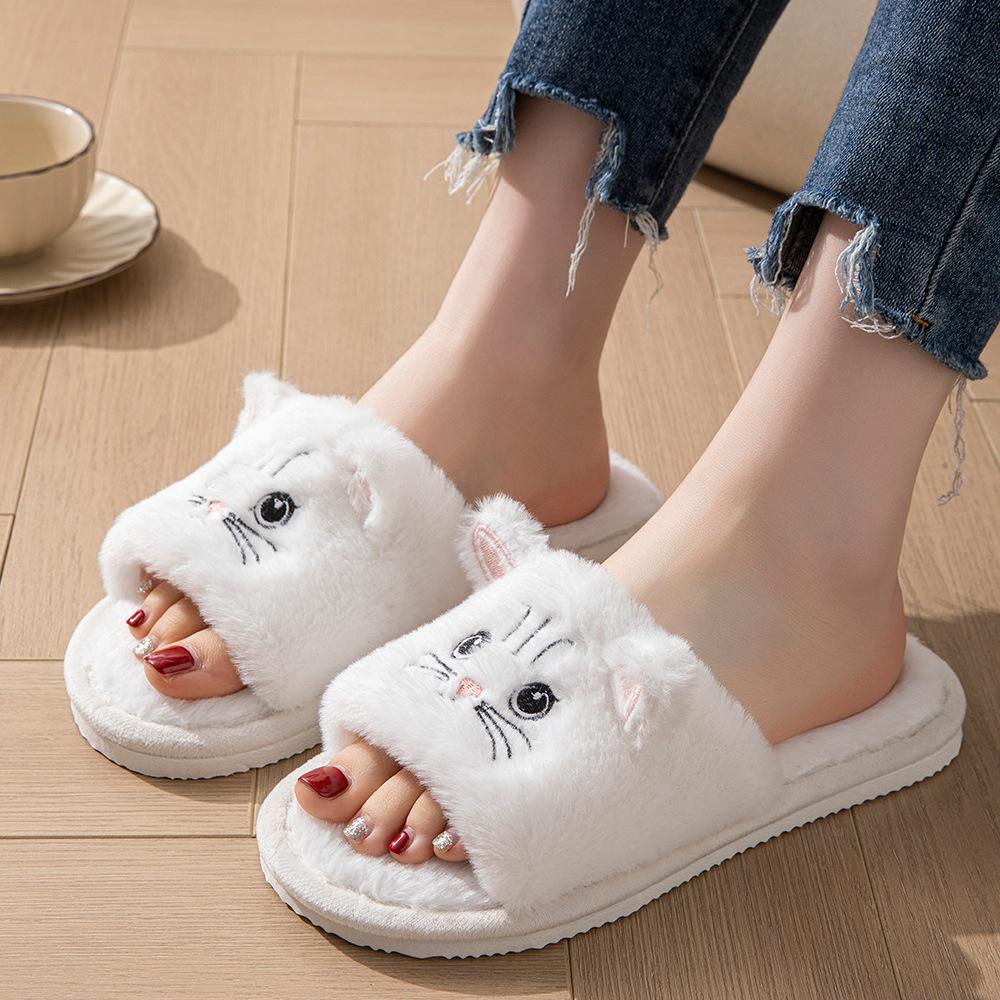 Casual Fluffy Slippers Women Home Flat Cat Cartoon Luxury Designer Shoes Girls Autumn Elegant Indoor Fashion Footwear Large Size