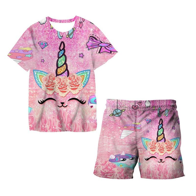 Unicorn Fashion Cute Girl Top T-shirt Short Sleeve+Shorts Two Piece Set Girls' and Children's Top Short Sleeve