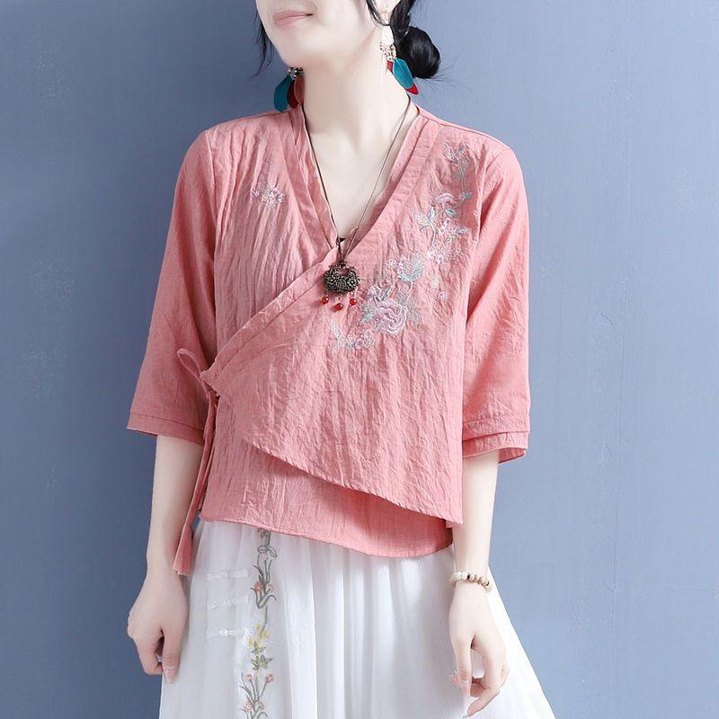 Summer cotton and linen embroidered diagonal placket fan-shaped lace-up medium-sleeved top women's retro zen shirt tea clothes