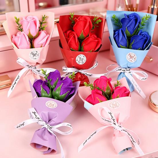 3 Heads Artificial Rose Bouquet Mini Scented Soap Flower Bouquet for Women Mom Wife Valentine's Day Anniversary Wedding Mother's Day Birthday Gift