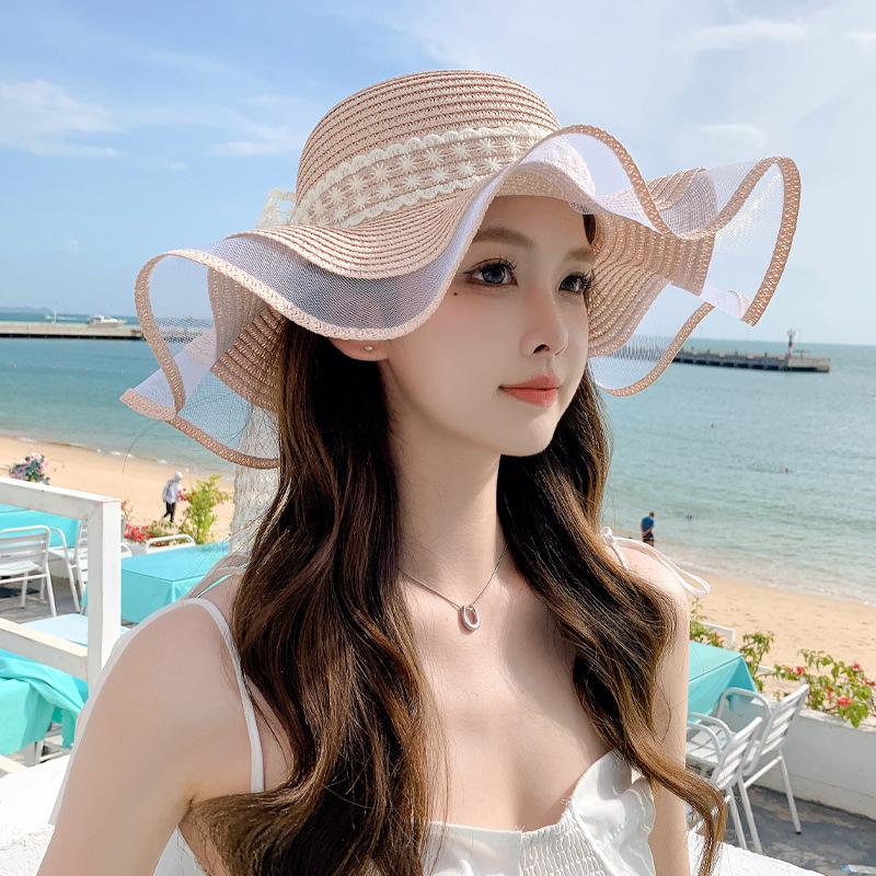 Summer new hat women's lace bow beach straw hat seaside travel sun hat big edge sun hat
