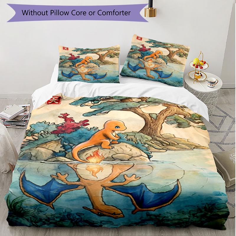 3pcs Duvet Cover Set (1*Duvet Cover + 2*Pillowcase, Without Core), Charizard VS Blastoise Print Soft All‑Season Bedding Set, Home Bedroom Decor Gift