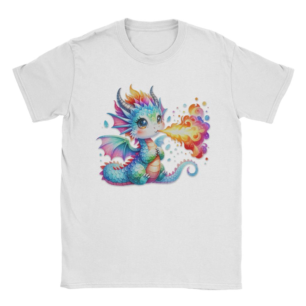 Drachen-T-Shirt mit niedlichem Regenbogen-Drachen, der Feuer speit – Herren, reine Baumwolle, Rundhalsausschnitt, Kurzarm, Sommerkleidung
