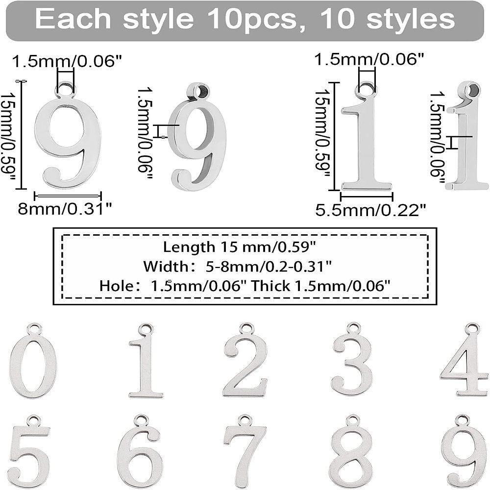 304 Stainless Steel Pendants Number 0~9 Stainless Steel Color 100pcs/box