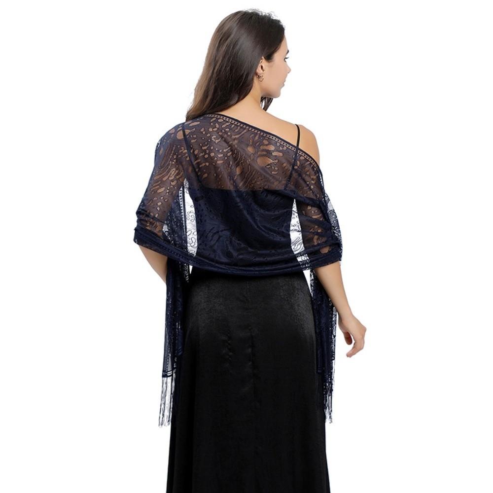 Fashion Tassel Patchwork Women Tulle Shawl Hollow Lace Cardigans Women s Scarf Multicolored Mantilla Lace Veil Party темно-синий