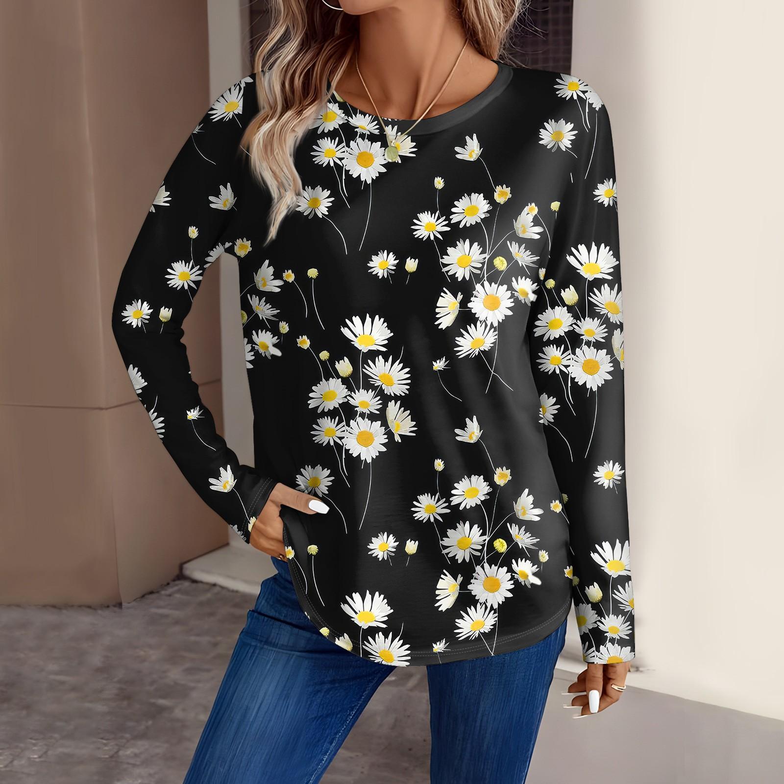 Женская мода повседневный топ с длинным рукавом с цветочным принтом и круглым вырезом — фото 9