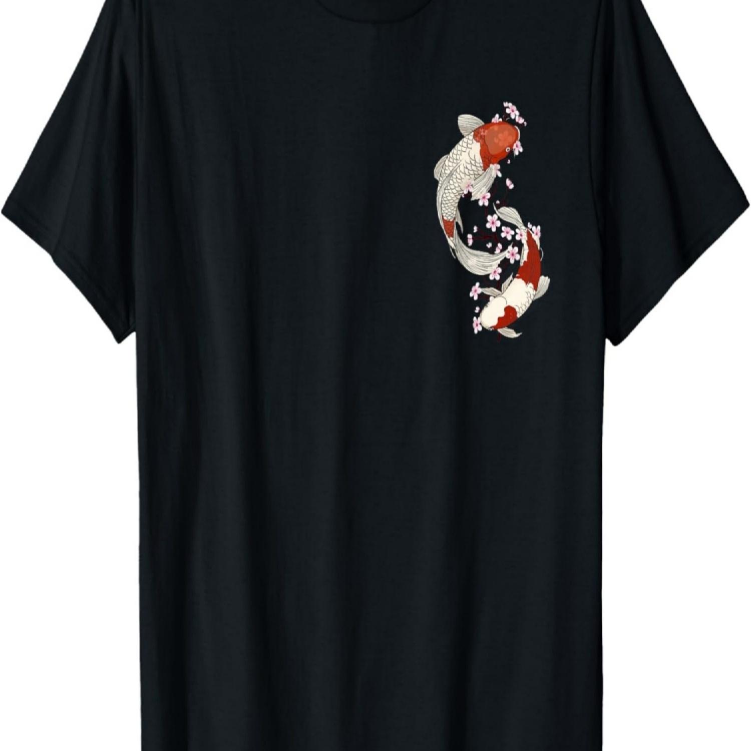 Koi Fish and Cherry Blossom Floral art T-Shirt S чёрный