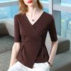 Mid-sleeved T-shirt for Women New Women's Cross-v-neck Half-sleeved Cotton T-shirt Asymmetric Waist-hugging Niche Chic Top