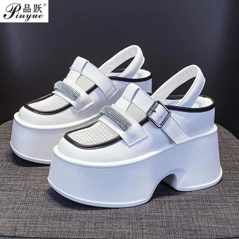 Fashion 11cm Air Mesh Genuine Leather Platform Wedge Sneakers Women Breathable Casual Hollow Chunky Summer Slippers Slides sandal