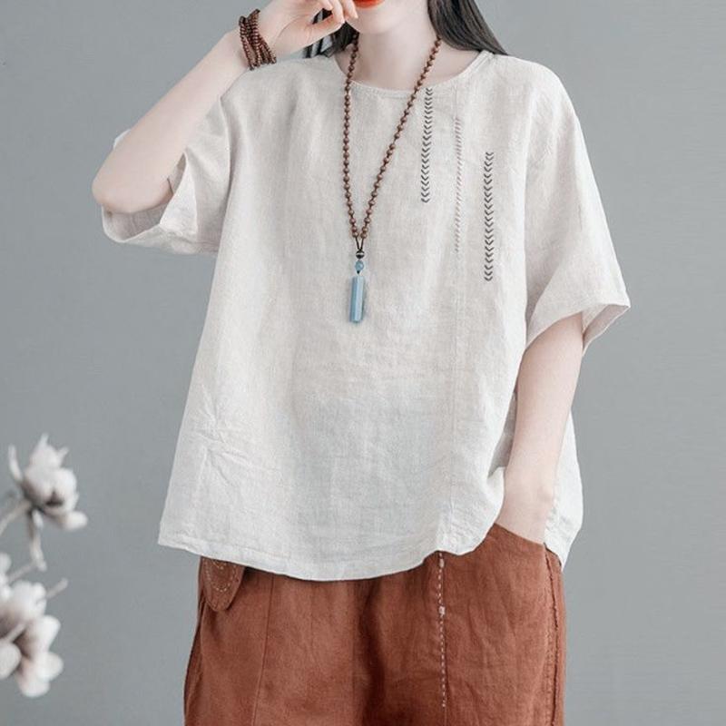 Plus Size M-3XL Women T-shirt Summer Short-sleeved Blouse O Neck Loose Fashion Vintage Embroidered National Style  Female Tops