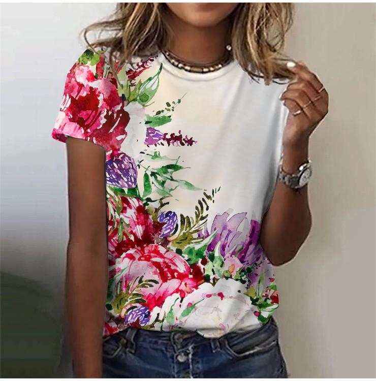 2025 Casual Sports Women's T-shirt Summer New Style Garden Collar Short Sleeve Fresh Floral Loose Lightweight Fabric Casual