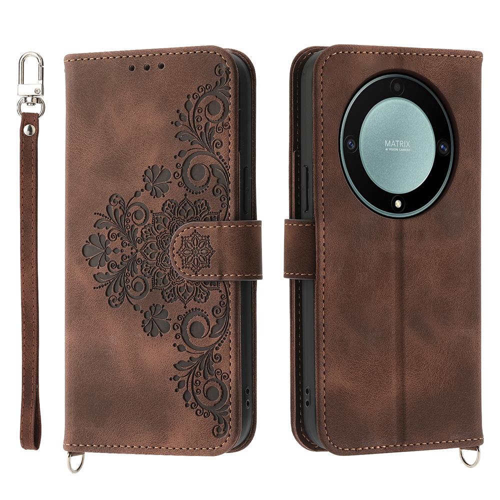 Phone Case For Honor Magic8 Lite 5G / X70 5G / X9d 5G Flower Pattern PU Leather Wallet Cover with Strap