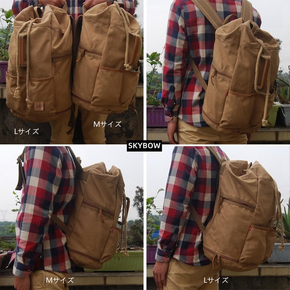 [SKYBOW] Men's Large Capacity Backpack, Canvas, Wide Opening, Dual-Layer Design, 35L, Military Style Hiking Backpack (Brown L)