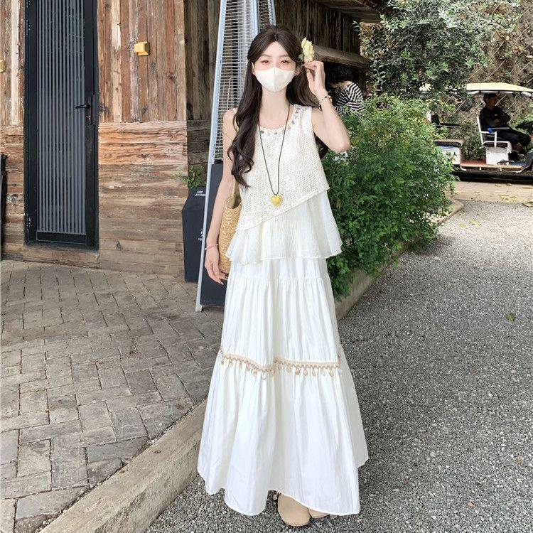 2025 Summer Ethnic Chinese Retro Hollow Camisole Dress Set - Sleeveless, High Waist, Two-Piece