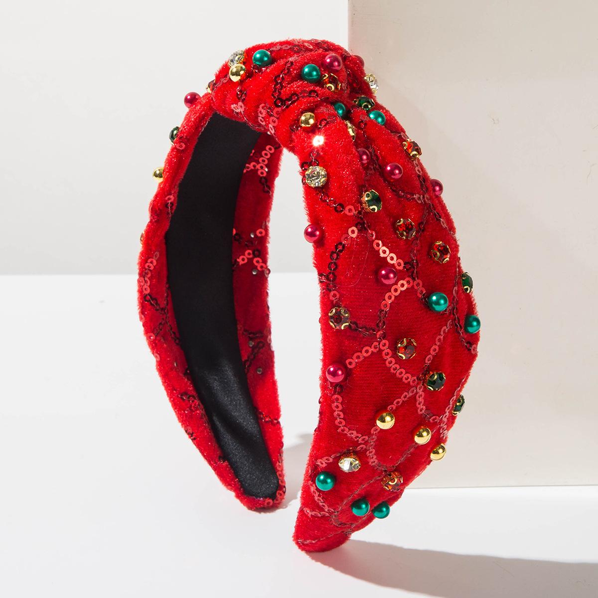 

Різдвяний елемент оксамитова пов язка на голову зі стразами та перлами, широка пов язка з вузлом, універсальний святковий аксесуар для волосся червоний