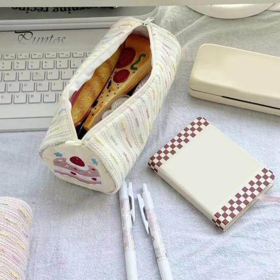 Decorative Pencil Case Strawberry Cake Roll Case, Large Capacity Cylindrical Pen Pouch, Girlish Desk Accessory Cute Stationery Storage Bag for