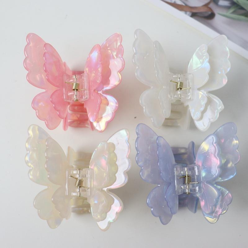 Portable Retro Double-layer Butterfly Hair Claw Colorful Acetate Crab Hair Clip for Women Travel Outdoor Emergency Use