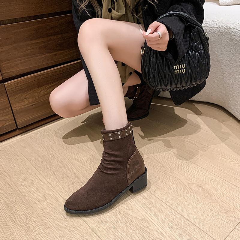 Fashion 2024 Hot Sale Women's Shoes Back Zip Women's Boots Fashion Rivet Modern Boots Women Sexy Pointed Toe Plus Size Mid-Calf Boots