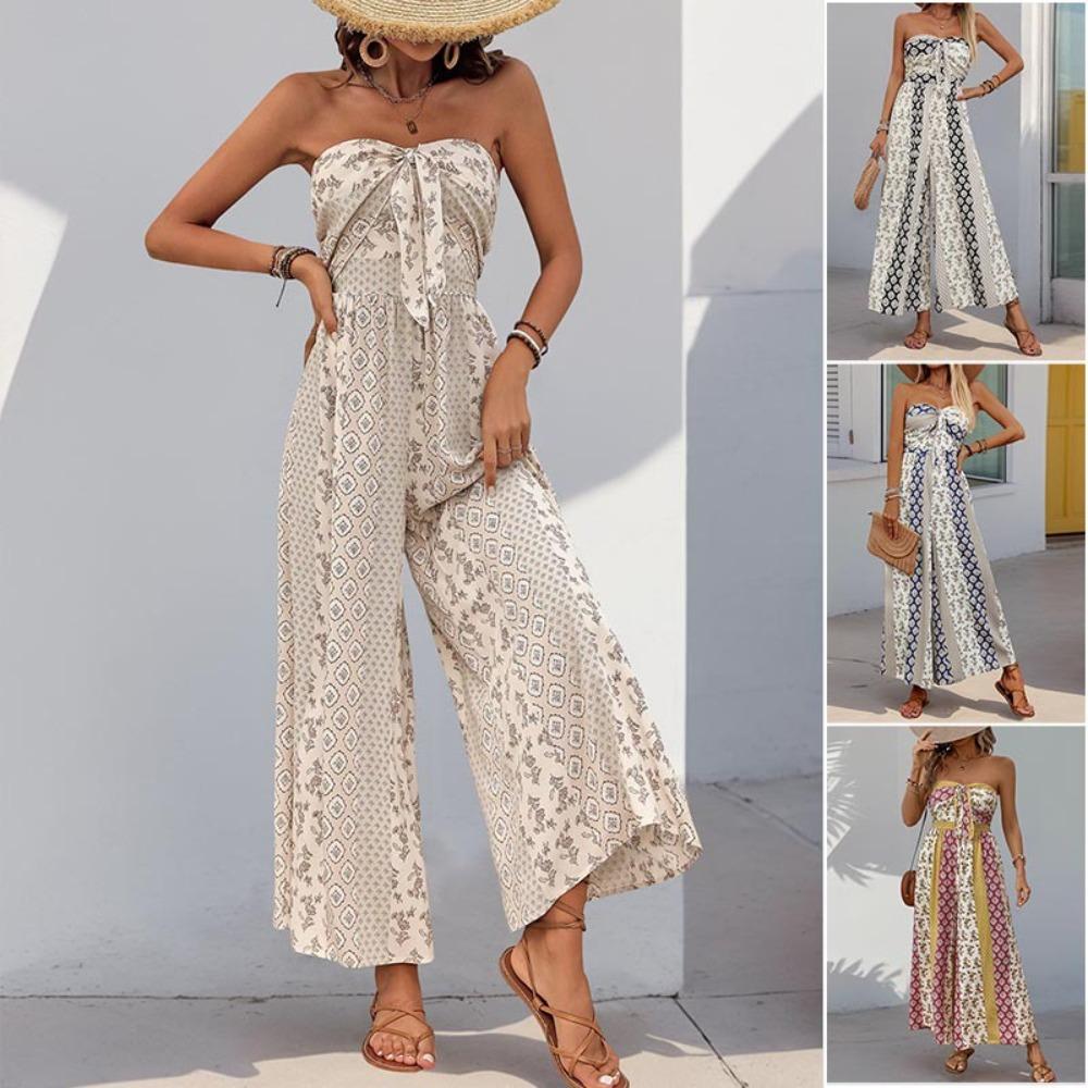 Women's Strapless Tube Top Printed Wide Leg Jumpsuit High Waist Tie Front Vacation Long Romper
