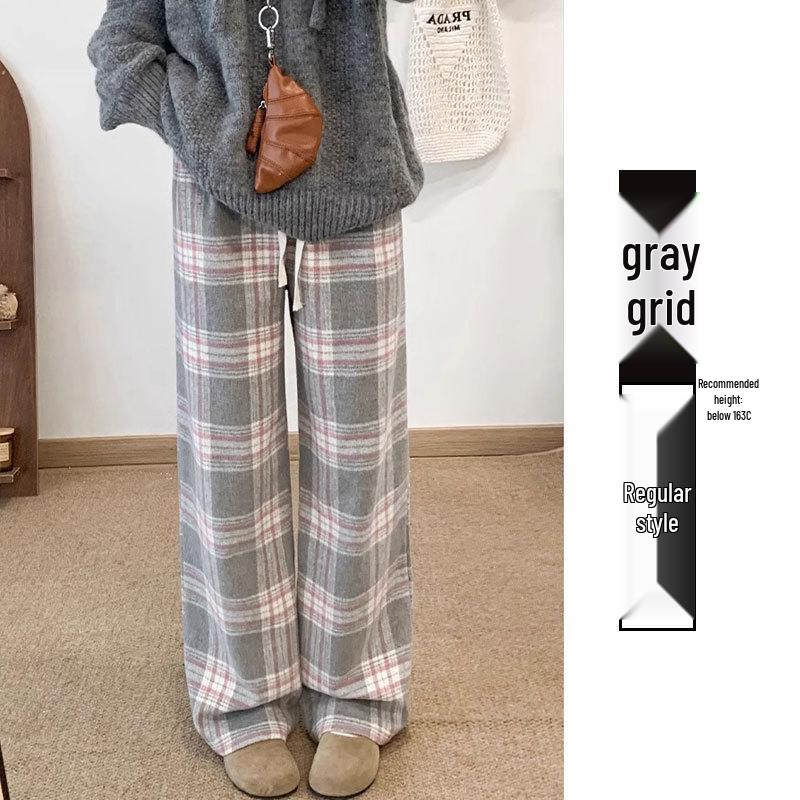Women's High-End Retro Plaid Velvet Pants: Loose, Slimming Straight-Leg, Casual Wide-Leg Long Pants