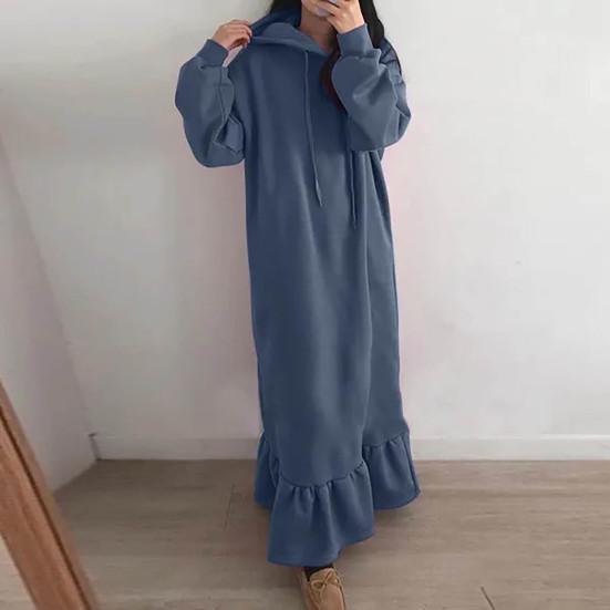 Abito maxi felpa da donna con cappuccio in pile tinta unita vestito estivo ampio autunno inverno volant abito lungo con cappuccio streetwear