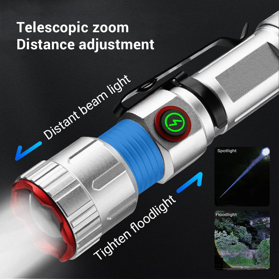 super bright 1000LM Mini Flashlight 5 Lighting Modes White laser Zoom Torch Built in Battery Type-C Rechargeable Emergency Lamp
