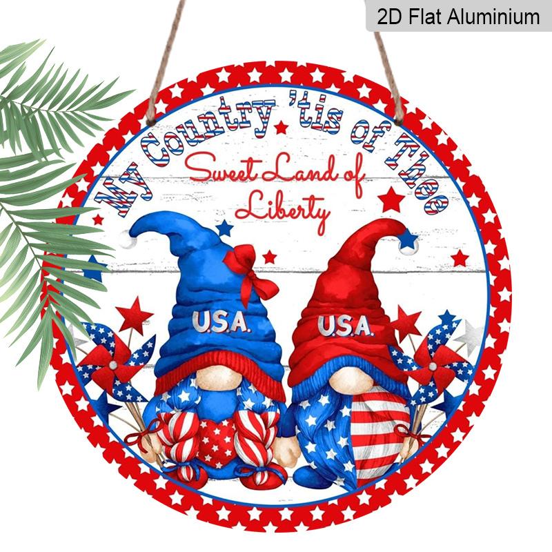 

2D Flat Round Metal Sign: “My Country, This Sweet Land of Liberty” Patriotic Sign, 4th of July Sign, Red, White, and Blue Gnome for Home, Garden 7.87x7.87inch