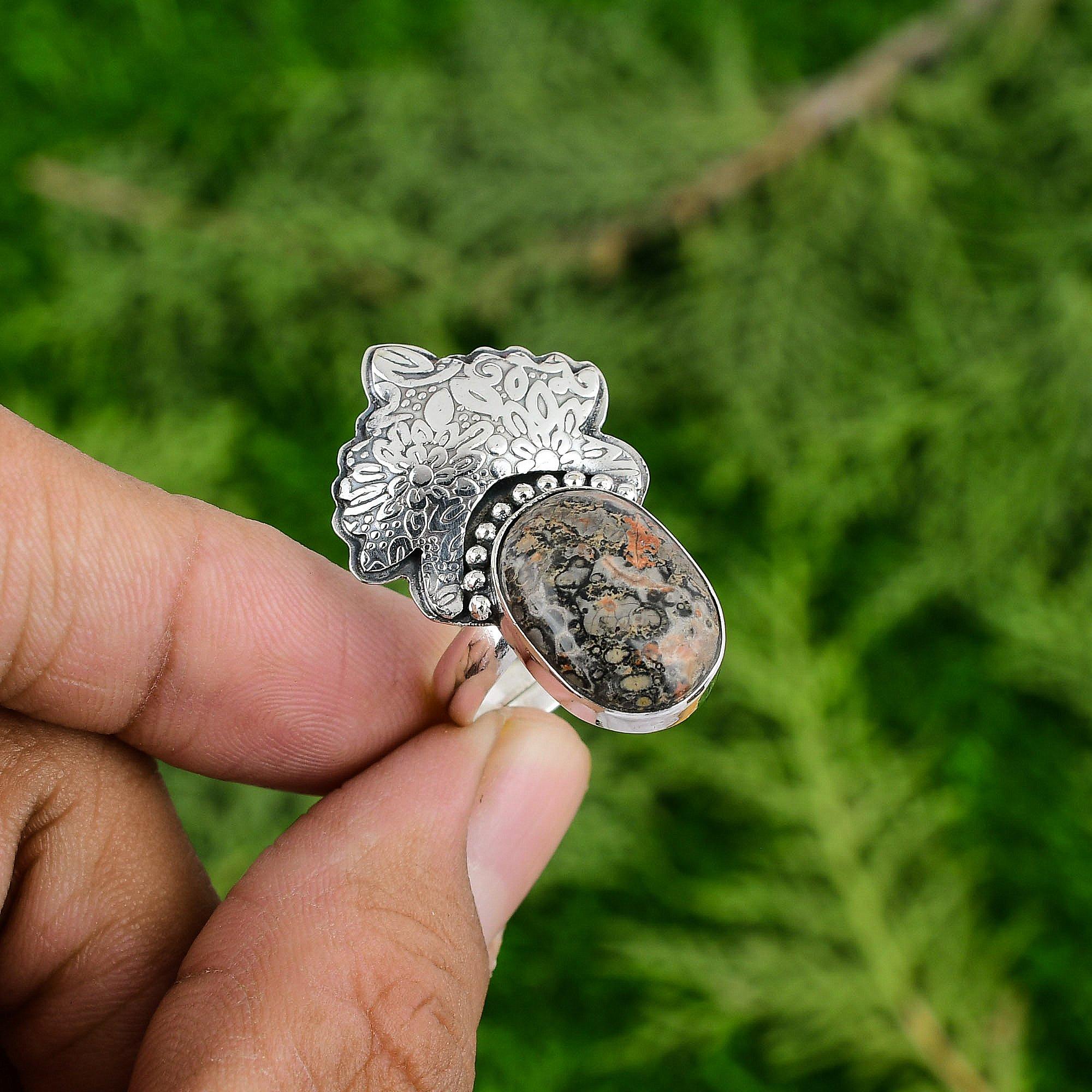 

День матери Сделка Стерлинговое серебро Натуральный леопардовый яшма Мульти камень Новое кольцо Adjustable