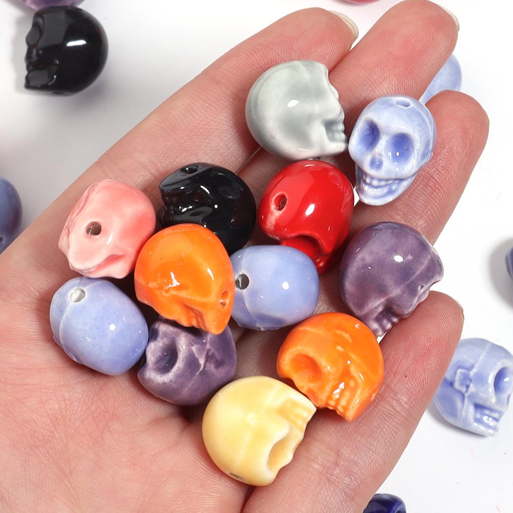 5pcs Skull Shape Ceramics Beads Porcelain Skeleton Loose Beads For Jewelry Making Halloween Decoration DIY Bracelet Accessories