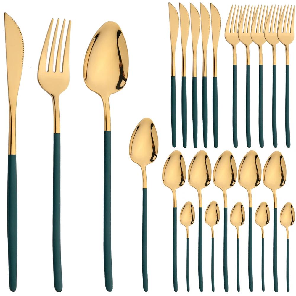 24Pcs Dinnerware Set Stainless Steel Tableware Knifves Forks Spoons Black Gold Cutlery Mirror Flatware Kitchen Dinner Silverware