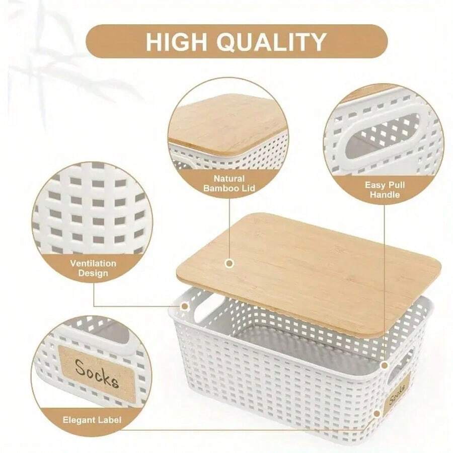 

6-Piece Plastic Storage Basket With Bamboo Lid, Stackable Storage Basket Storage Box, Suitable For Home, Office, Game Room белый