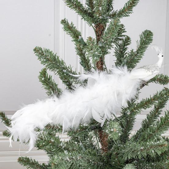 16in White Peacock Tree Topper Artificial Long Tail Glitter Peacock Clip Ornaments Faux Simulation Feathered Peacock for Christmas Tree Decor