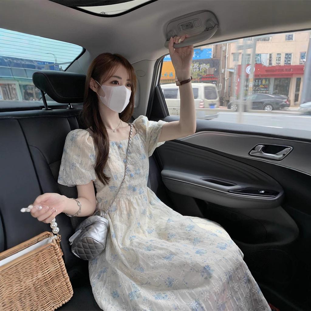 French gentle wind floral dress women's summer new high-end temperament waist bubble sleeves fairy first love long dress