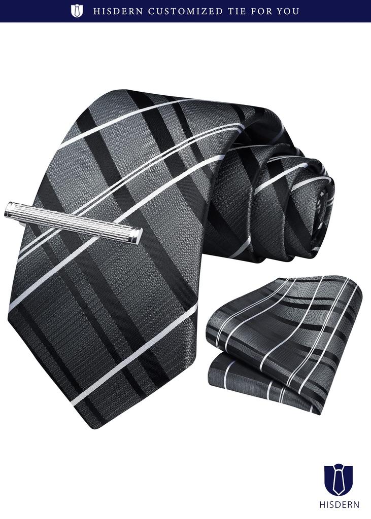 [HISDERN] Business Tie and Pocket Square Set for Men - Brand Tie 3-Piece Set - Navy Stripe Pattern - Business, Job Hunting, Father's Day Gift A3-02