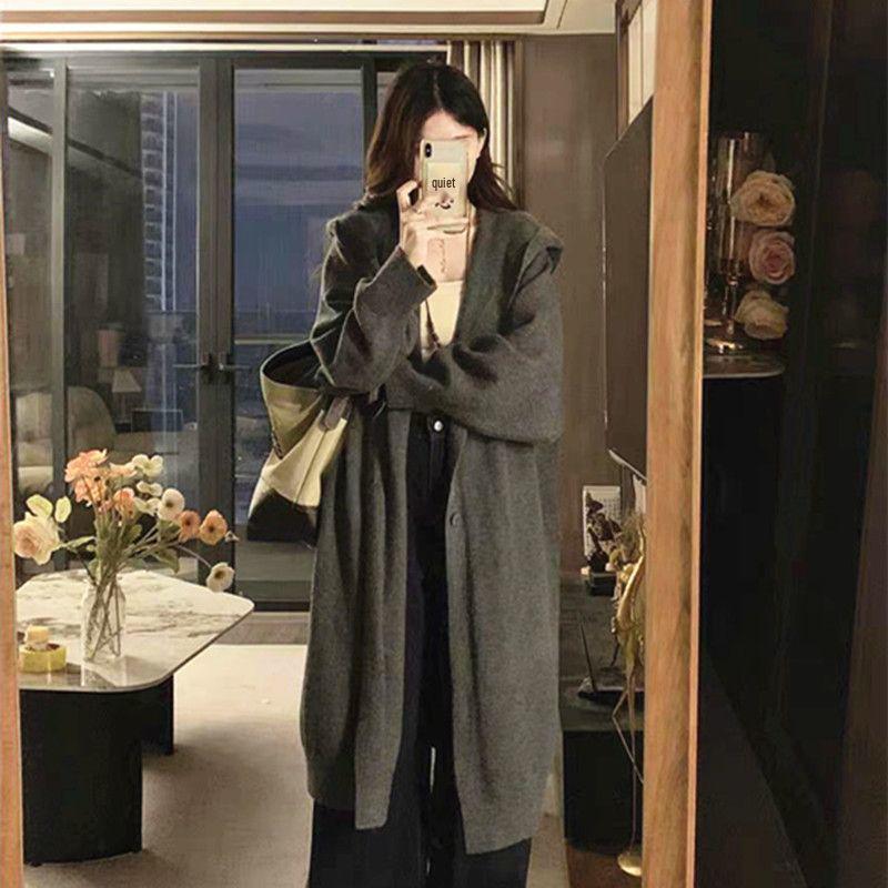 Women's Hooded Knit Cardigan - Maillard Style, Long, Cozy, 2025 Autumn/Winter Collection, Student Lazy Fit