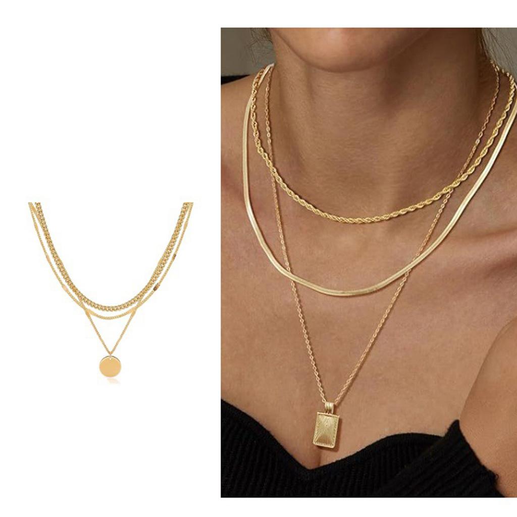 Elegant Layered Gold Color Necklace Stackable Clavicle Chain Handmade Rectangular Pendant Neckchain Jewelry for Women