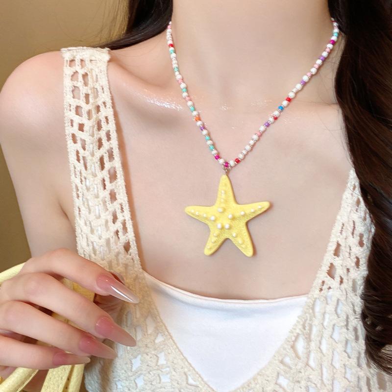 Holiday style color beaded starfish necklace female Internet celebrities with the same long collarbone chain exaggerated match