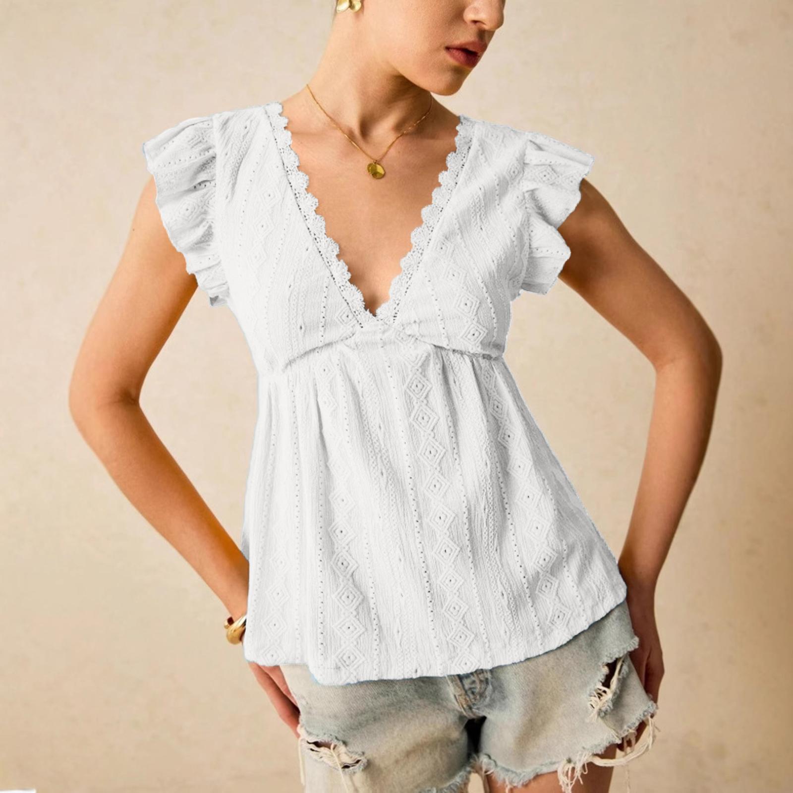 

Women s Fashion Hollow-out V-neck Ruffled Short-sleeve Lace T-shirt Top XL білий