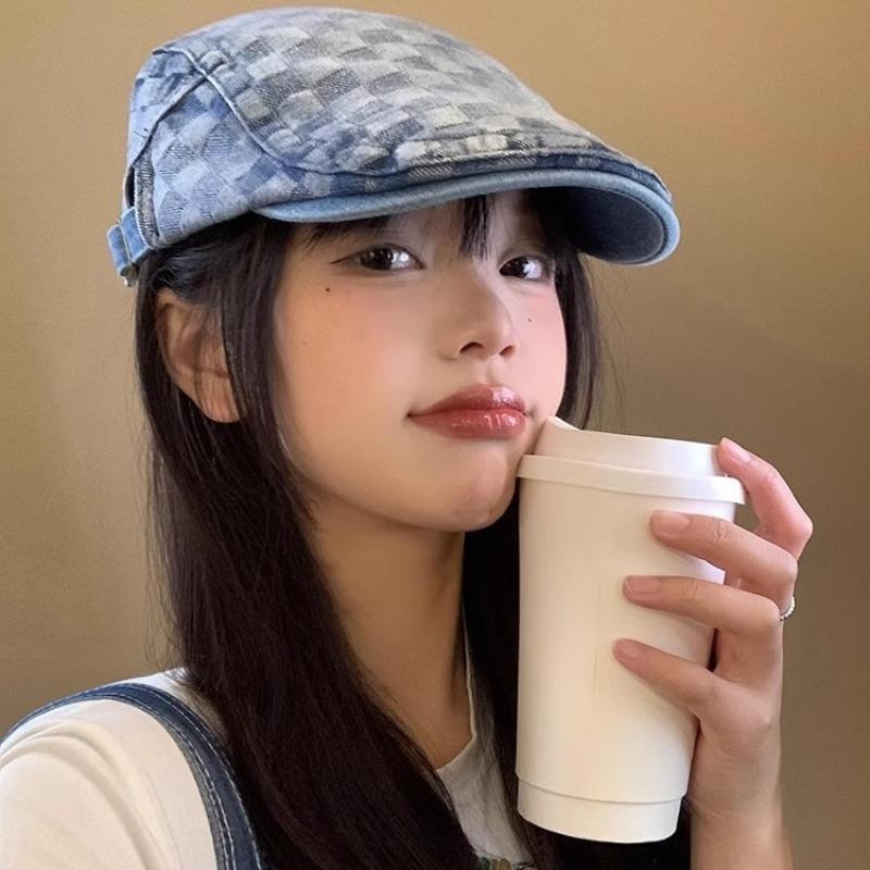 Plaid denim forward hat beret female reverse wearing washed retro big head circumference painter hat spring and autumn women's