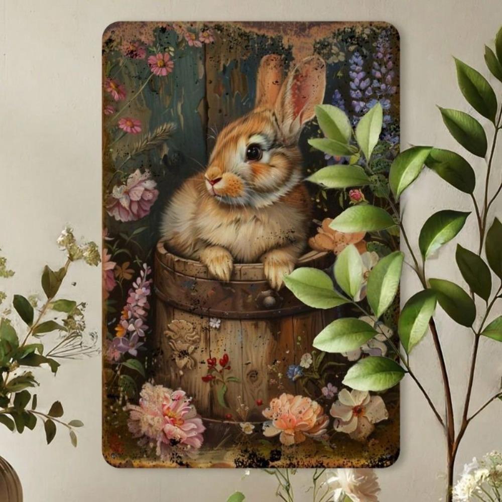 Vintage Metal Tin Sign Rabbit Flower Basket Wall Decor 8x12 Inch Home Bar Cafe