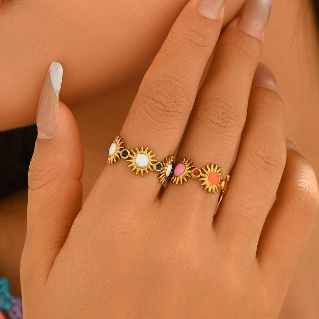 18K Gold Plated Stainless Steel Open Ring - Sun Resin Design Women's Jewelry
