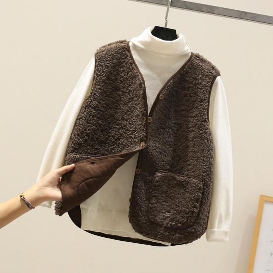 Women Autumn Winter Vest Coat Solid Sleeveless Faux Color Lamb Wool Waistcoat Short