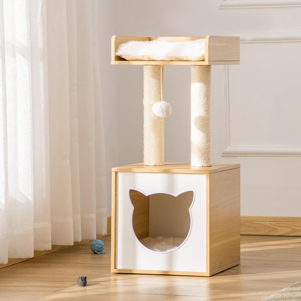 Cat Cave Cat Bed with Washable Cushion, Platform, Scratching Post, Play Ball, Cat House for Cats for Indoor 35 x 35 x 81 cm Oak