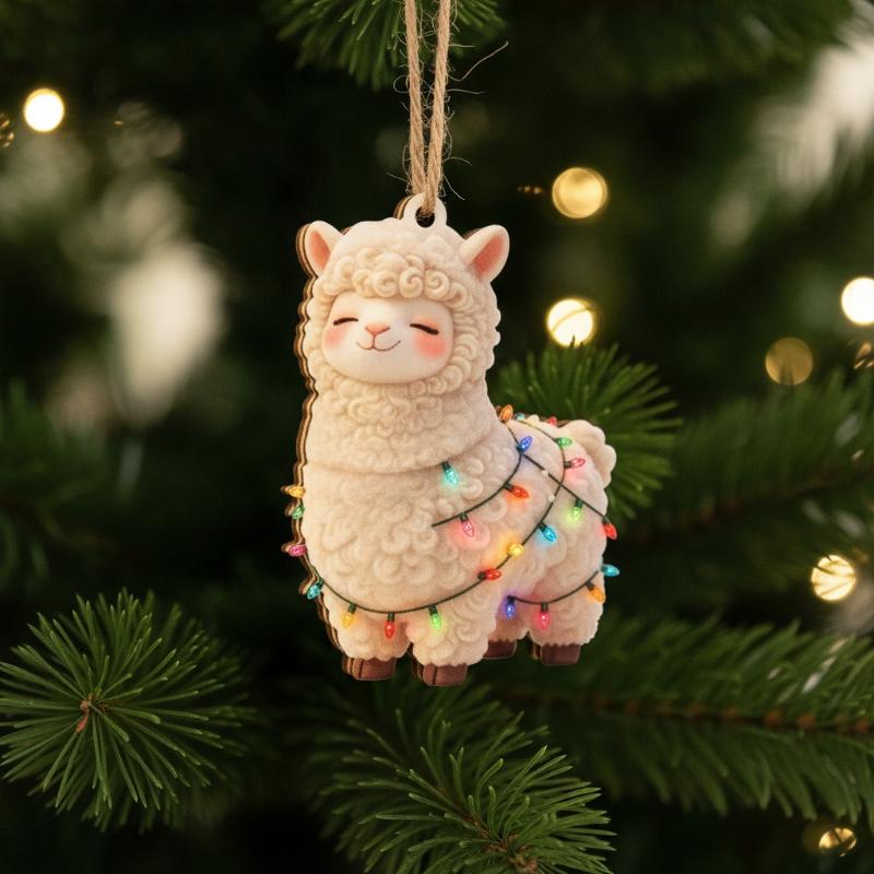 8Pcs 2D Flat Christmas Alpaca Hanging Ornaments With Cute Festive Outfits Colorful String Lights For Christmas Tree Holiday