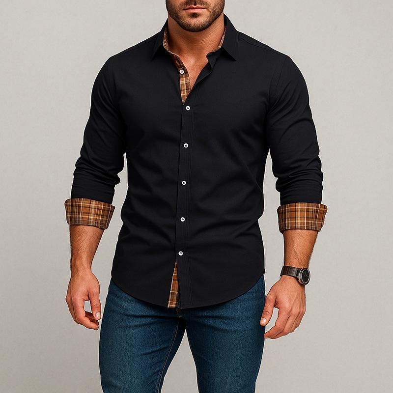 Herren Frühling und Sommer Neue Mode Kariertes Hemd mit kontrastierenden Nähten Langarm Vielseitig Lässig