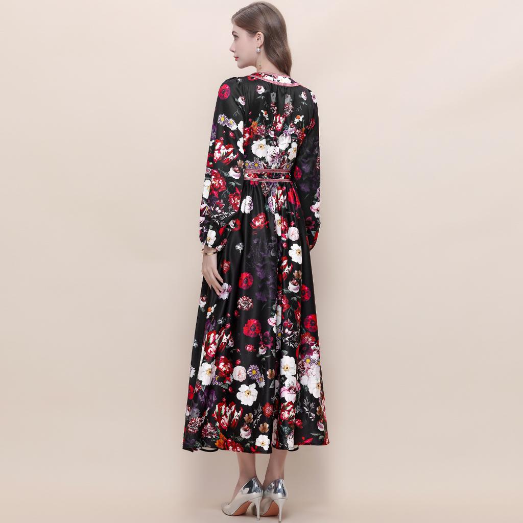 Spring Vintage Floral Maxi Dresses for Women Runway Cross V-Neck Long Lantern Sleeve Sashes Beach Holiday Dress Boho Robe
